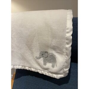 Carter's OS White Baby Blanket Satin Trim Embroidered Gray Elephant Soft Fleece